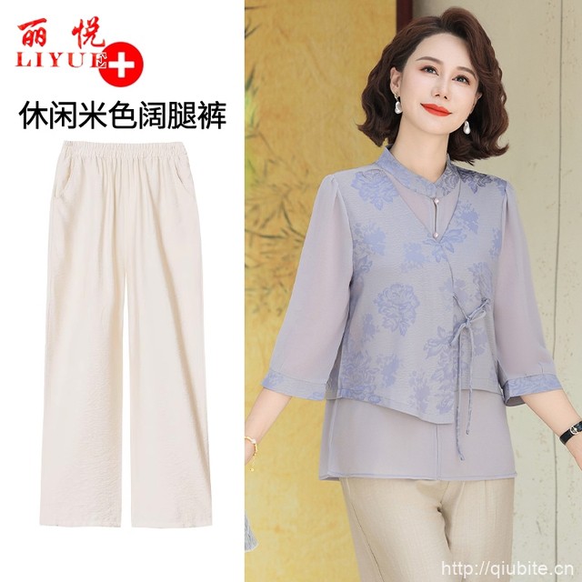 新中式妈妈夏装七分袖雪纺小衫T恤