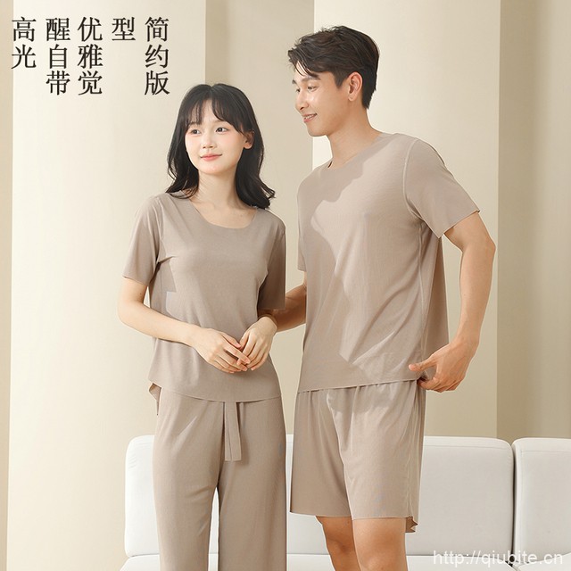夏季无痕冰丝情侣款圆领睡衣套装