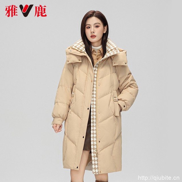 雅鹿女士新款中长款撞色拼接羽绒服