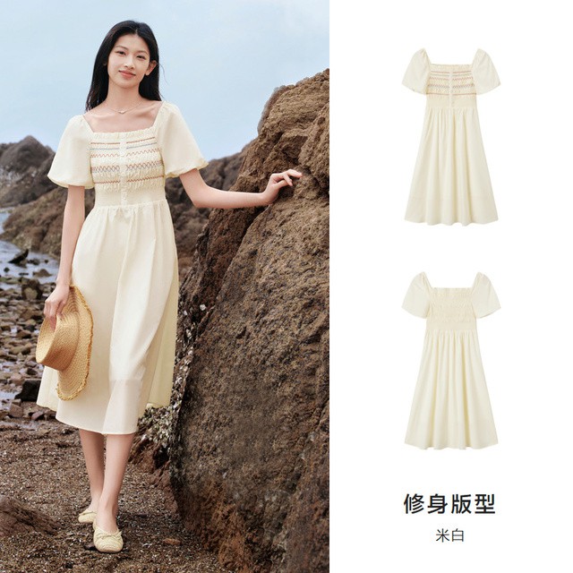 森马女复古黑色连衣裙夏季显白遮肉